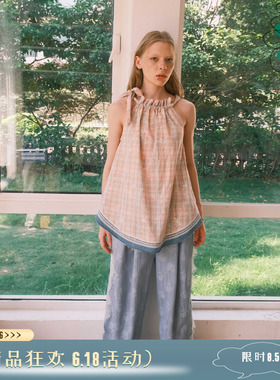 THESEVENTHTAIL设计师品牌粉色格纹挖肩挂脖系带上衣