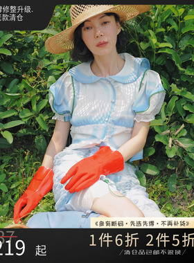 THESEVENTHTAIL设计师品牌泡泡袖娃娃领弧形短款多巴胺衬衫