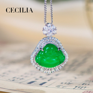 CECILIA珠宝天然马料高冰绿玉髓S925银精镶小佛公吊坠女时尚百搭