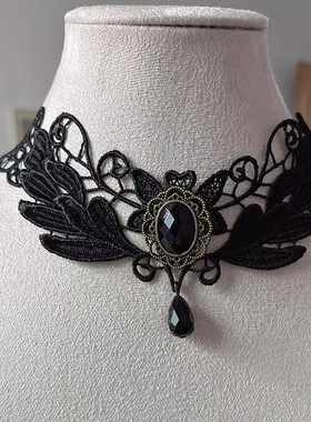 欧式新品圣诞万圣节哥特式宝石水滴项链复古花颈链蕾丝假领子饰品