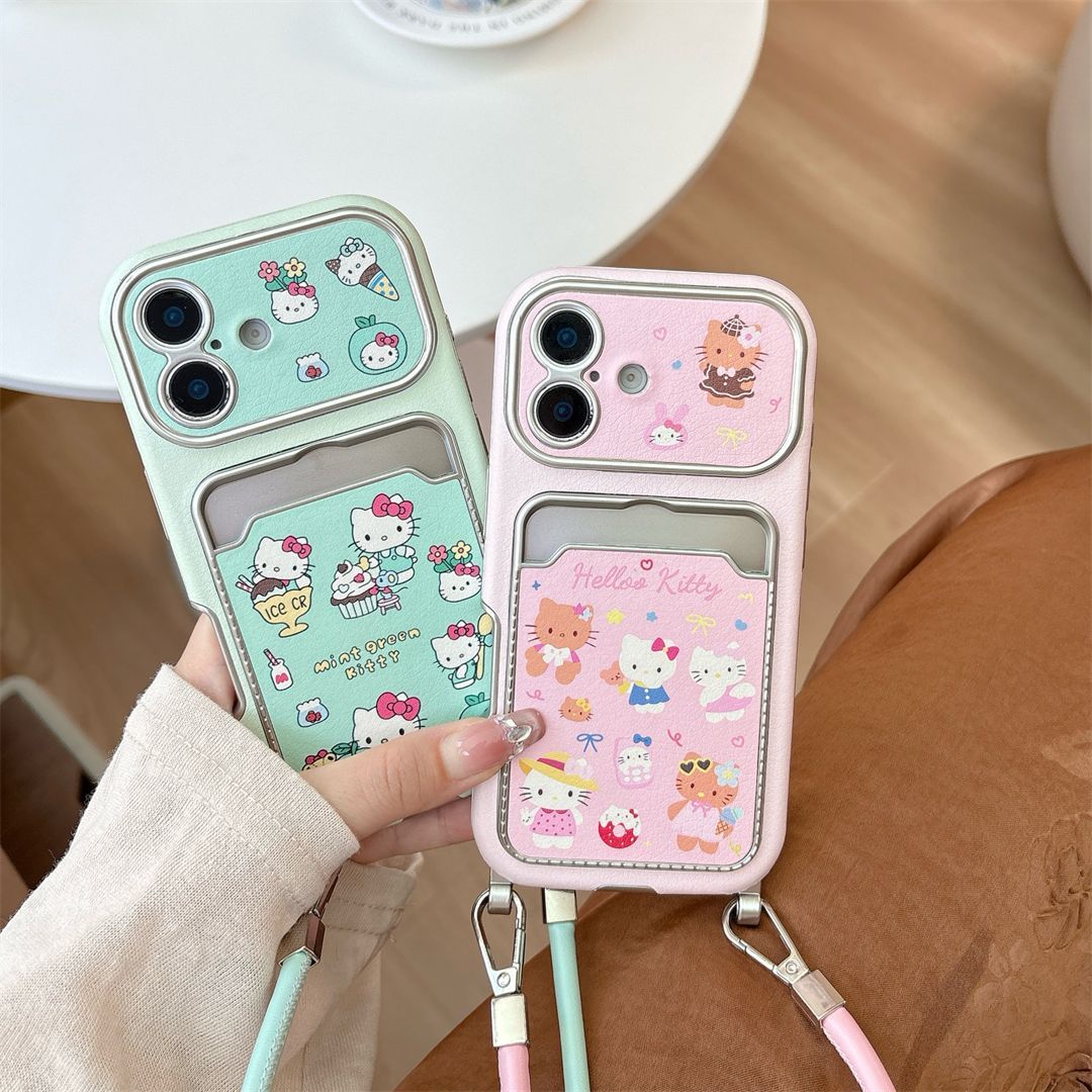 渐变皮纹视窗KT猫卡包适用于苹果16promax手机壳iPhone15/14pro全包13女