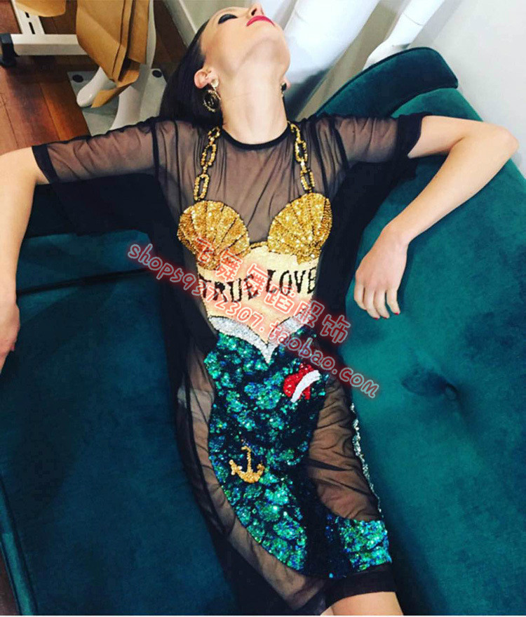 欧洲站欧美街头潮牌炫彩美人鱼亮片全透视网纱中长短袖连衣裙女夏