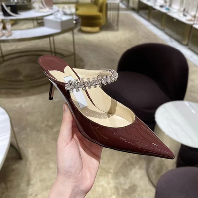 jc水钻高跟鞋2024新款尖头闪银一字带外穿时尚百搭婚鞋细跟单鞋女