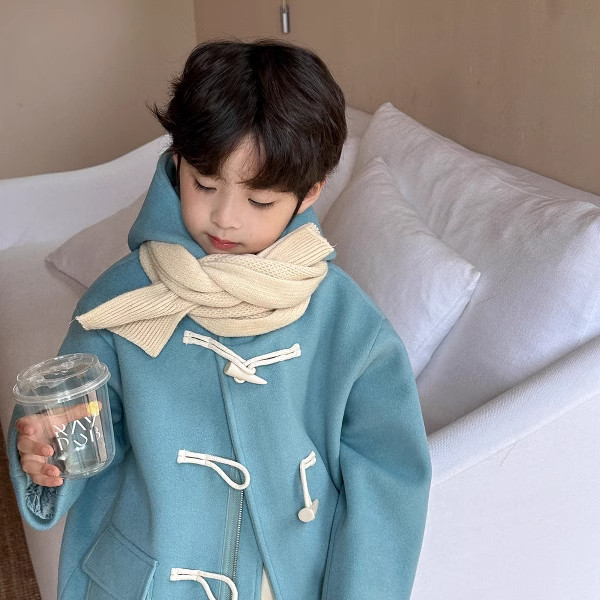 男女童毛呢大衣秋冬小中大童宽松加厚儿童装呢子夹棉外套蓝纯色