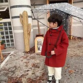 新款 男女童毛呢大衣外套中大童妮子加夹棉带帽红色儿童秋冬加厚