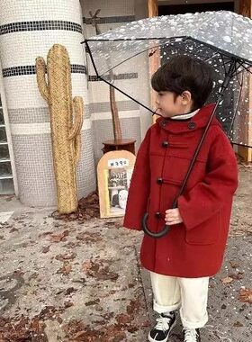 新款男女童毛呢大衣外套中大童妮子加夹棉带帽红色儿童秋冬加厚