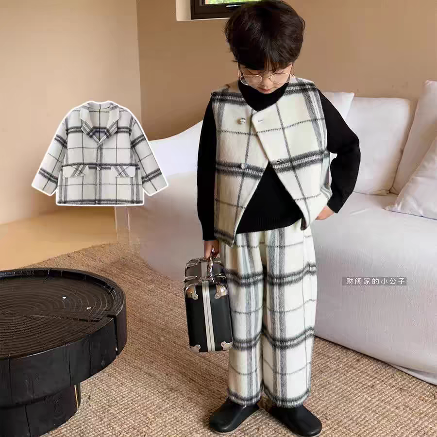 儿童秋冬毛呢西服套装2024新款男童韩版格子呢大衣宝宝毛呢外套潮