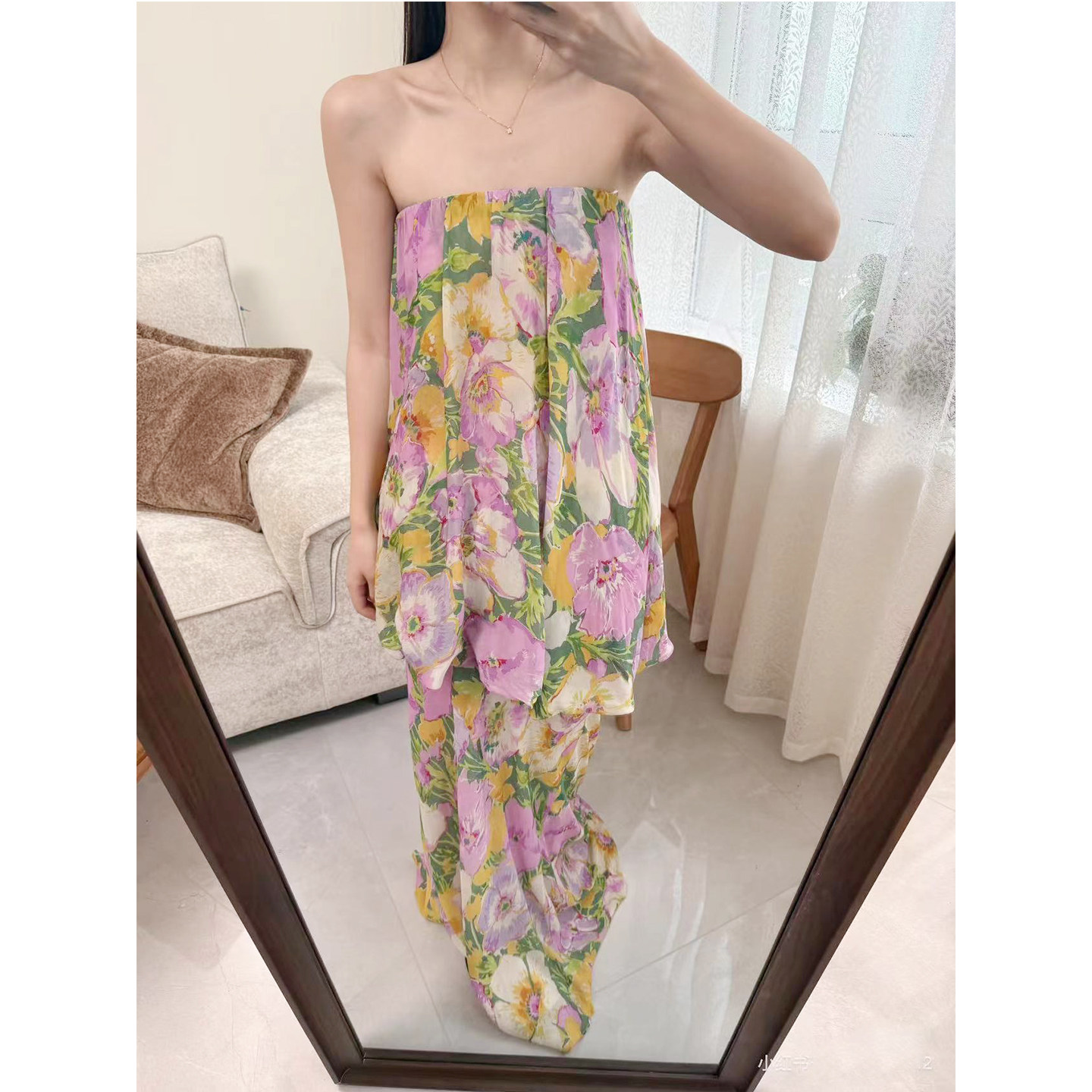 【专柜同款定制】夏季新品 女装花朵印花露肩连衣裙 3096152 500
