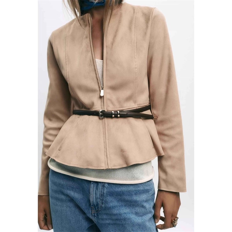 专柜同款 秋季新品女装 配腰带反绒皮短裙式夹克外套 3046280 704