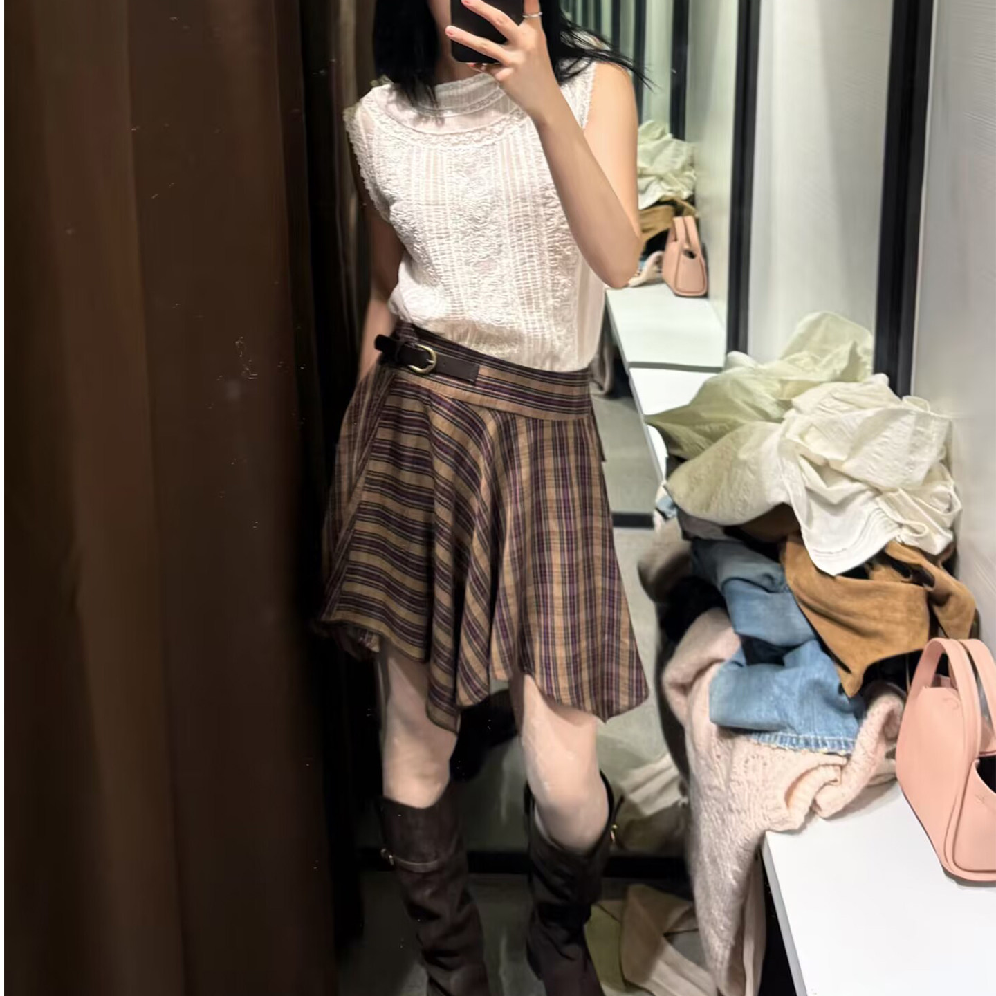 专柜同款 2026 春夏新品 女装 高腰格子绊带不对称迷你裙 2298055