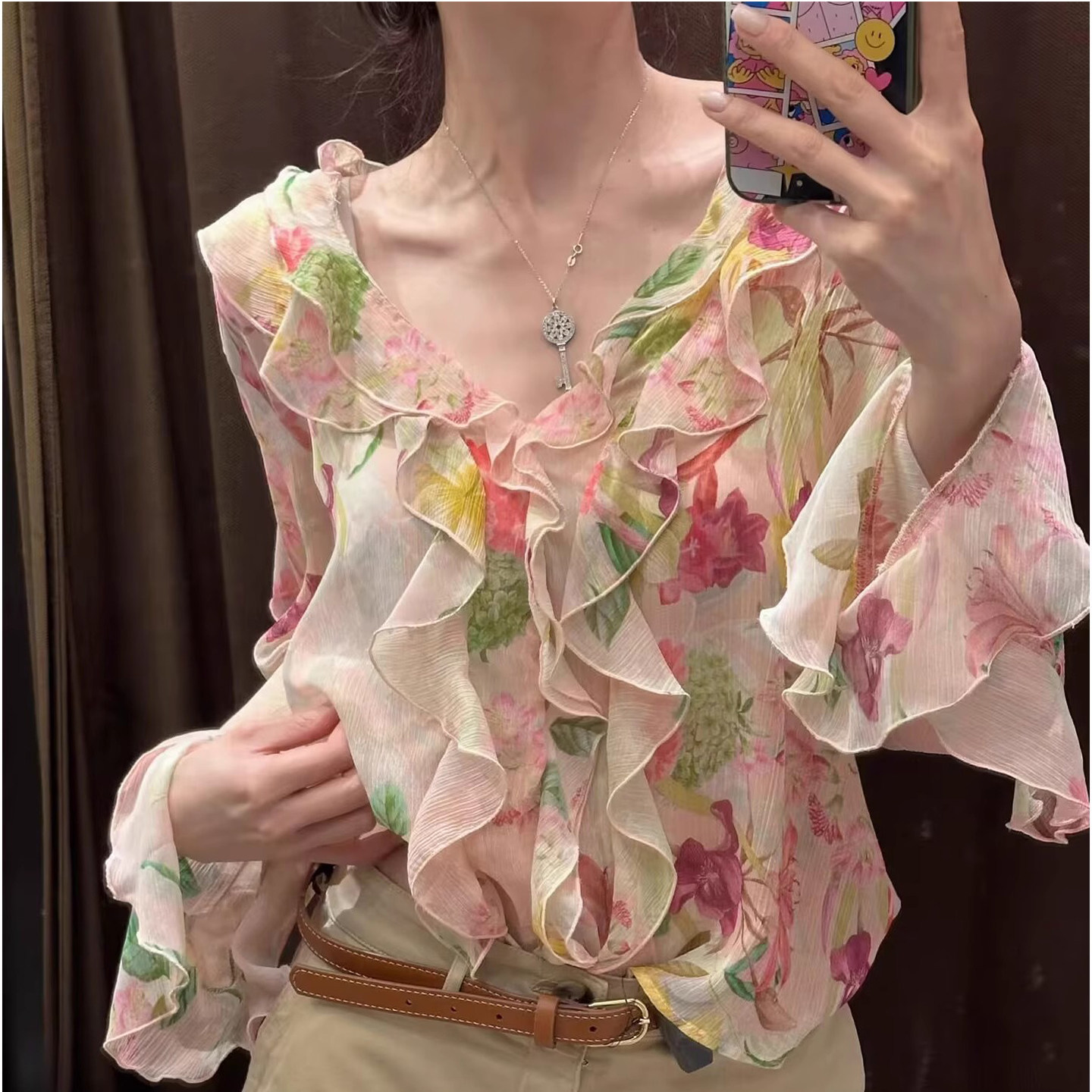 专柜同款 夏季新品 女装 花朵印花叠层装饰长袖衬衫 3531317 330
