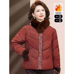 妈妈高端2025新款水貂毛绣花复古羽绒棉服中老年女短款冬时尚外套