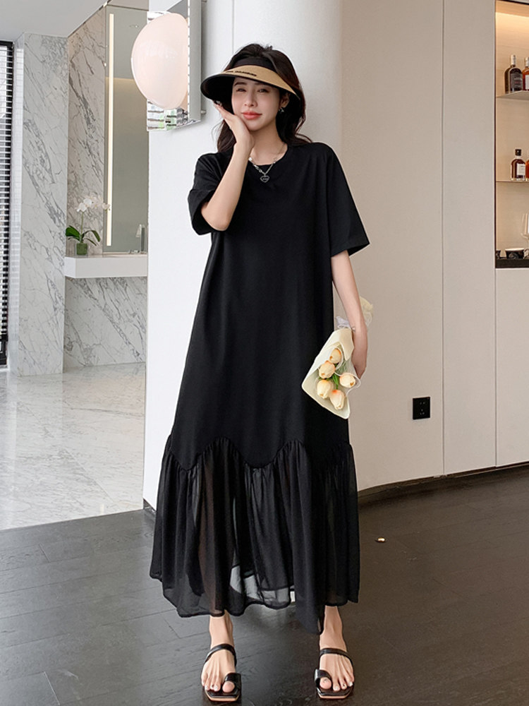 한국 대형 버전 2023 여름 신상 대형 긴 기질 스플리싱 멋진 주름 스커트 반소매 불규칙 드레스