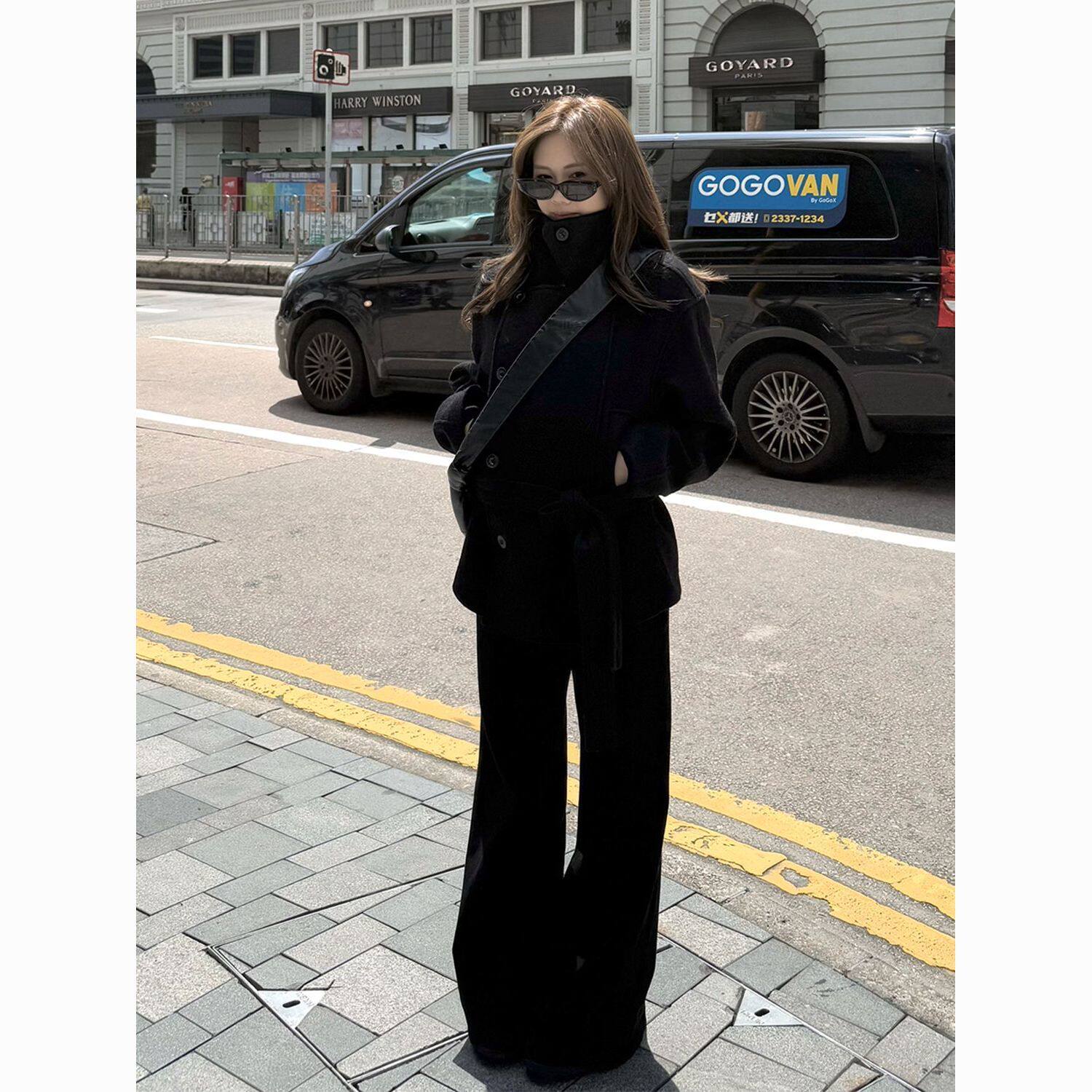 金敏喜同款翻黑色短款呢子大衣女2025秋冬小个子洋气百搭毛呢外套