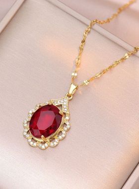 项链女 日韩风网红红色锆石几何小众新款设计感吊坠气质钛钢项链
