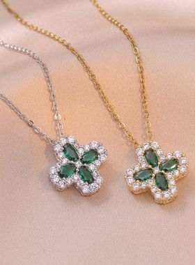 项链女 日韩风网红祖母绿锆石花朵小众新款设计感吊坠气质钛钢项