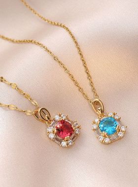 项链女网红跨境彩色锆石几何小众时尚新款设计感吊坠气质钛钢项链