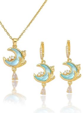 项链女欧美网红月亮锆石小众新款设计感星月耳环气质套装钛钢项链