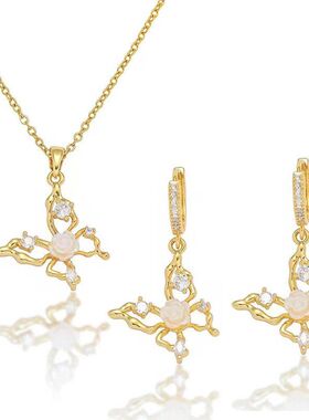 项链女网红蝴蝶玫瑰花锆石花朵小众新款设计耳环气质套装钛钢项链