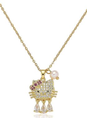 项链女淡水珍珠网红跨境猫咪小众新款设计感吊坠气质饰品钛钢项链