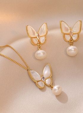 项链女原创网红天然淡水珍珠蝴蝶锆石小众时尚设计感气质套装钛钢