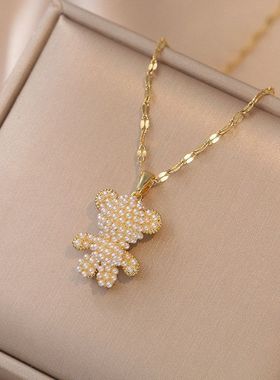 项链女网红甜美珍珠小熊锆石小众时尚新款设计感吊坠气质钛钢项链