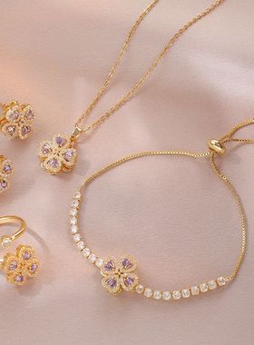 项链女 跨境紫色爱心锆石时尚跨境旋转耳环桃心戒指手链套装项链