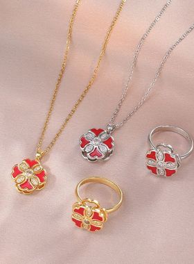 项链女新款日韩旋转锆石花朵小众戒指新款设计感吊坠气质钛钢项链