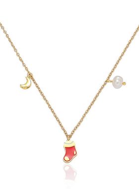 项链女 跨境圣诞款袜子淡水珍珠月亮新款设计感月亮气质钛钢项链