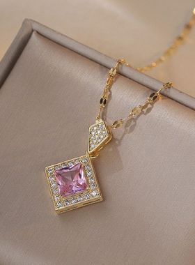 项链女网红同款彩色锆石几何小众时尚新款设计感吊坠气质钛钢项链