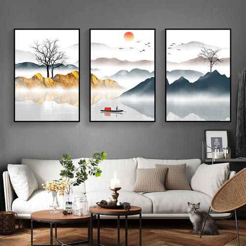 新中式装饰画客厅背景墙三联挂画