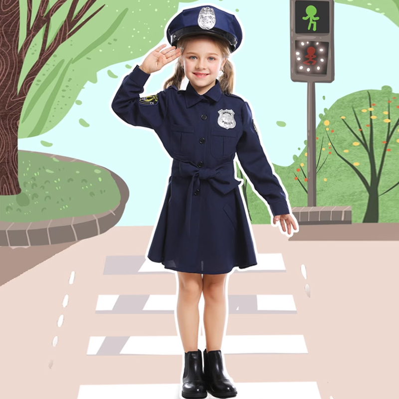 万圣节儿童装扮衣服装cosplay可爱警察制服女童修身连体长袖警裙-封面
