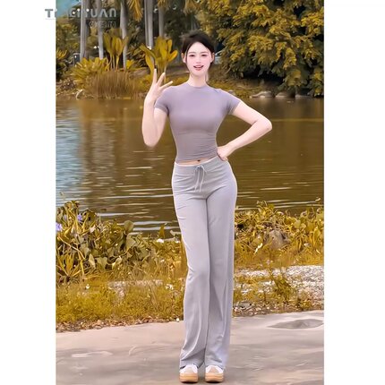 垂感针织直筒裤浅灰色抽绳女夏季薄款弹力显瘦拖地长裤体美缘