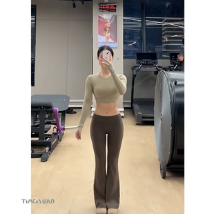 高腰微喇裤交叉束腰设计微压腿围显瘦裸感丝滑瑜伽裤 体美缘