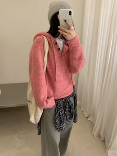 韩系杂色花线连帽抽绳半纽扣毛衣女秋季新款宽松套头针织衫上衣厚