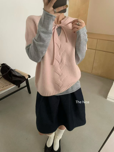 韩系减龄系带圆领麻花短袖毛衣针织衫女秋季新款宽松叠穿马甲背心