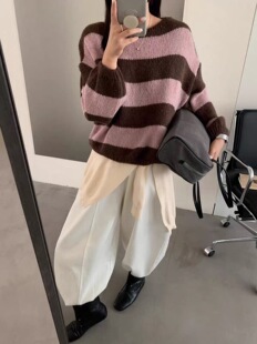 复古撞色条纹圆领灯笼袖毛衣女秋冬新款宽松百搭纯色针织衫上衣潮