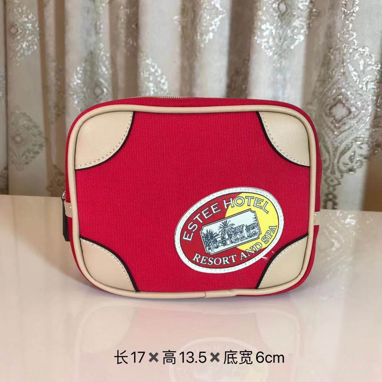 雅诗兰黛红色厚实帆布化妆包小方包拉链包出行收纳整理包图片