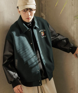 夹克日系外贸薄棉拼接皮外套 宽松刺绣棒球衫 日单春秋季 男士