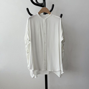 日本原单2025夏女宽松白色立领蝙蝠衫日单外贸薄款垂坠感短袖衬衫