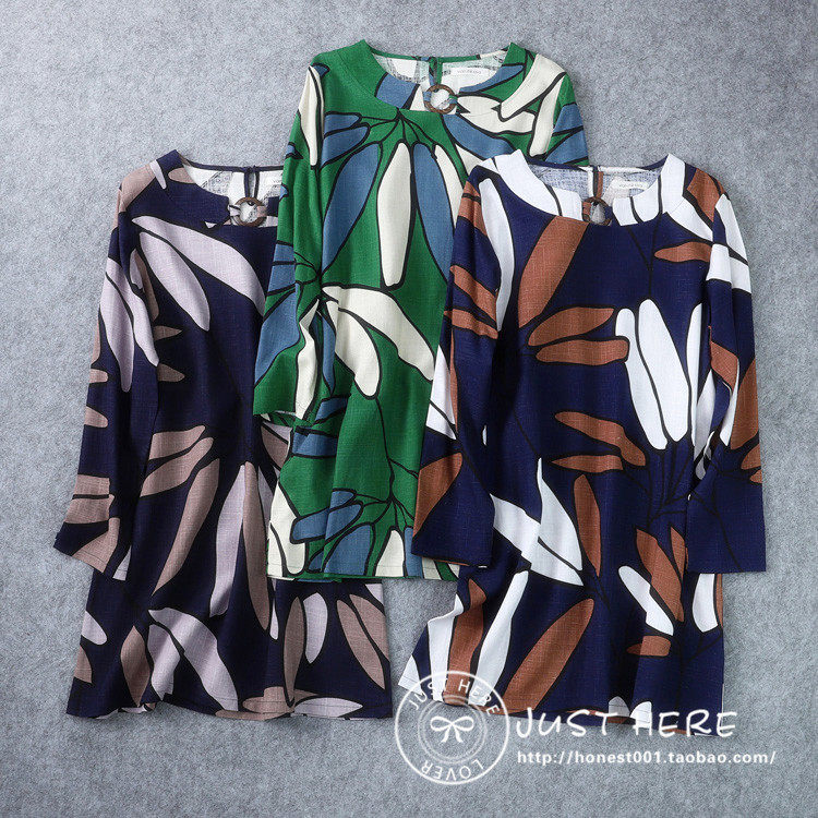 日本原新品圆领花色棉麻风打底裙出口外贸宽松中长款连衣裙