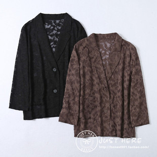 外套日系外贸简约提花纹西装 日本原单春夏女翻领薄款 蕾丝中长款