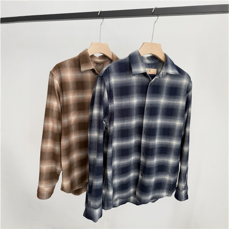 日本2025春男式翻领棉磨毛格子上衣衬衣日系外贸简约厚款长袖衬衫