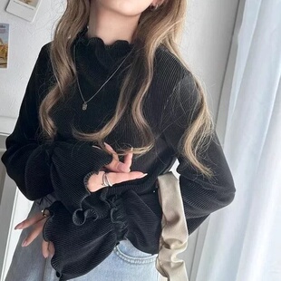 喇叭袖 26春女褶皱百搭上衣日系外贸花边打底衫 日单CF 雪纺衫 包邮