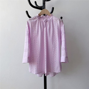 衬衫 日本原单2025秋女式 花边领纯棉上衣日系外贸重工镂空绣七分袖