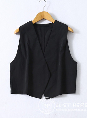 日本原单2024夏女式V领黑色薄短款西装马甲高端外贸坎肩背心马夹