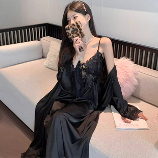 性感睡衣女秋季冰丝法式高级纯欲风长款带胸垫吊带睡裙外袍家居服