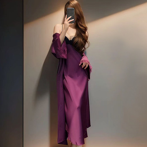 性感睡衣女款春秋冰丝薄款带胸垫