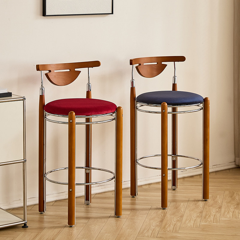 中古实木吧台椅设计师轻奢家用靠背高脚椅复古咖啡厅岛台高脚凳子