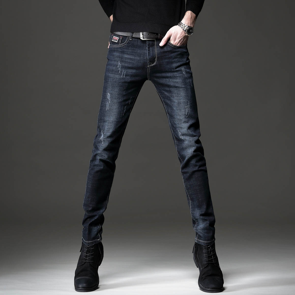 贵色春季黑蓝色牛仔裤男潮牌弹力修身小脚新款潮流韩版男士长裤子